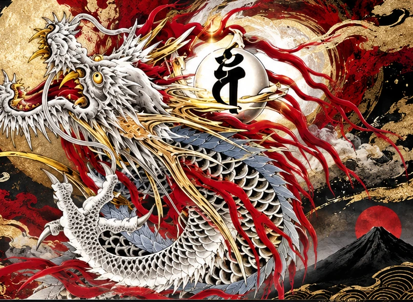 銀龍と赤い装飾、梵字をあしらった和風アート
